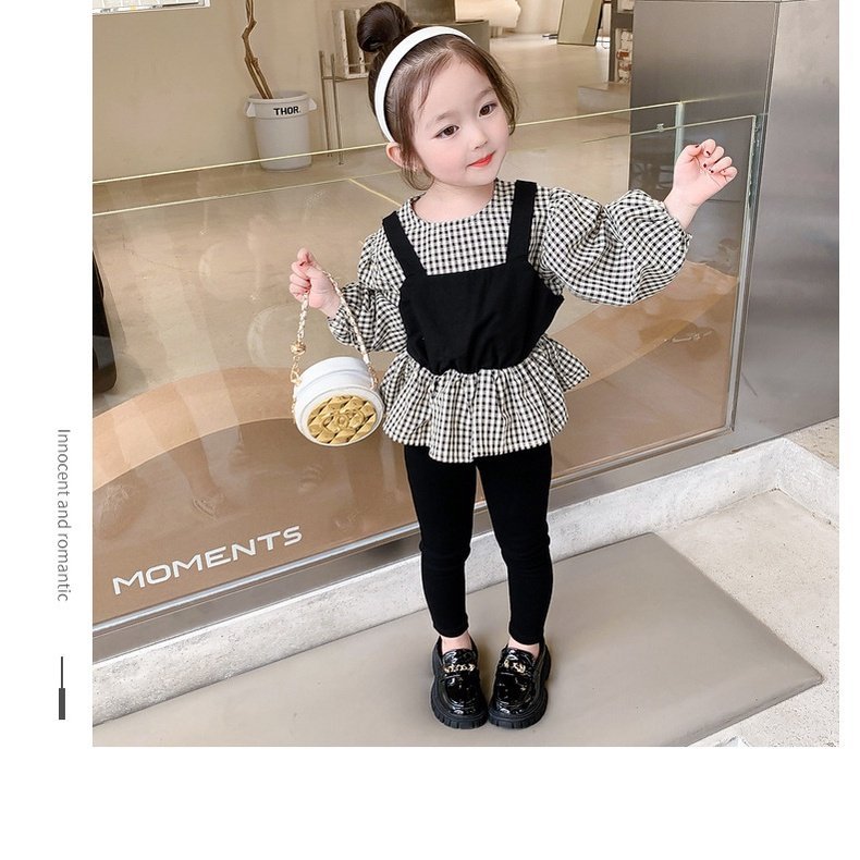 Setelan Anak Perempuan Lengan Panjang Blus Kotak Kotak + Celana Hitam