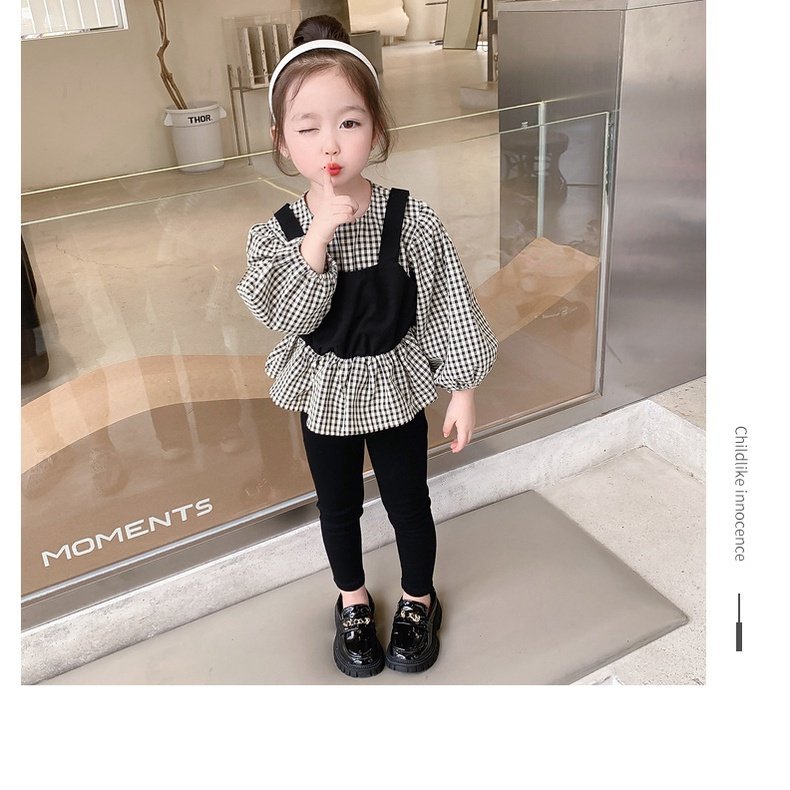 Setelan Anak Perempuan Lengan Panjang Blus Kotak Kotak + Celana Hitam - Image 5