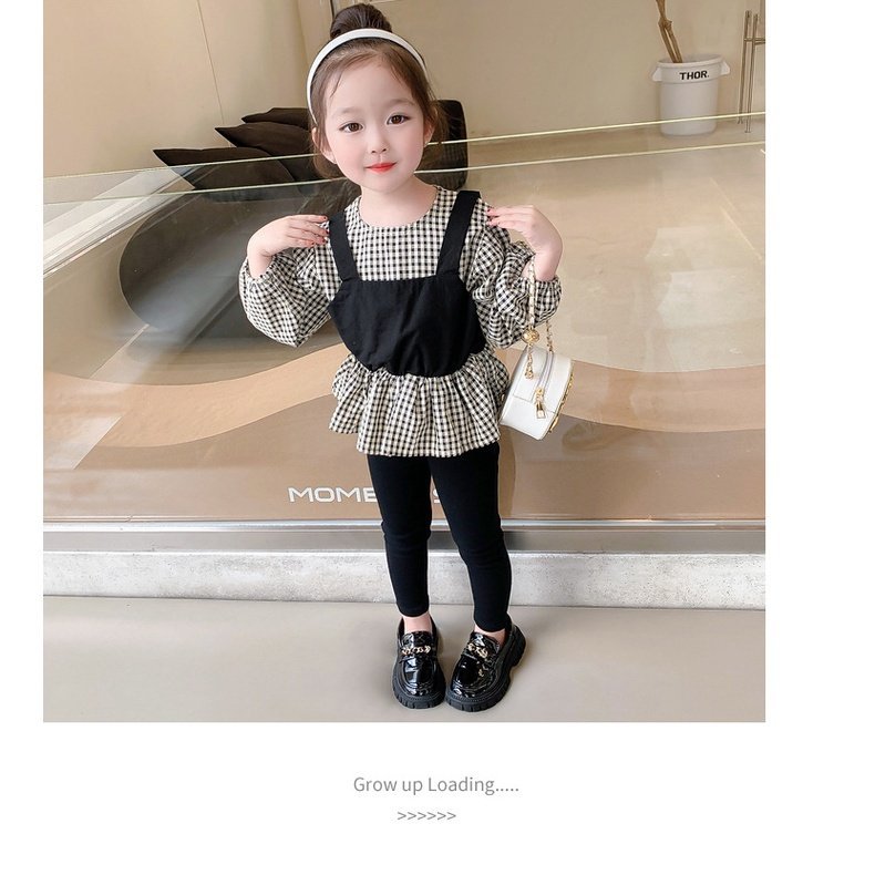Setelan Anak Perempuan Lengan Panjang Blus Kotak Kotak + Celana Hitam - Image 2